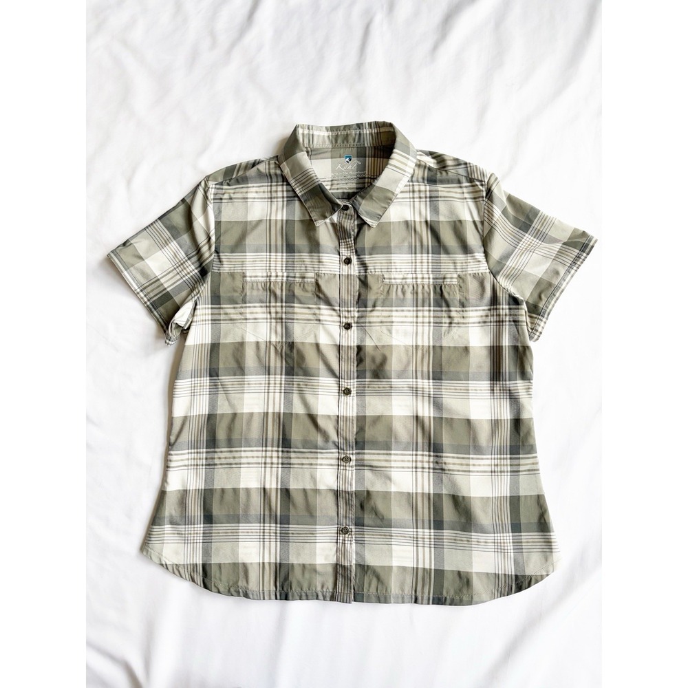 Kuhl Women's Large Gray Plaid Lightweight Kamp SS Button Up Shirt UPF 30+